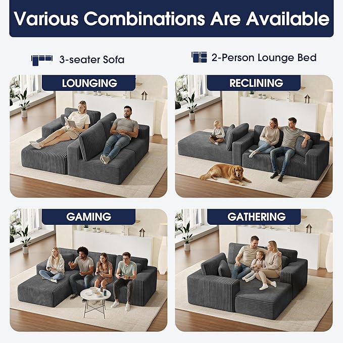 KINGYES 107'' Modular Sectional Sofa, L Shaped Cloud Couch for Living Room, Modern Plush Corduroy Boneless Sofa with Chaise for Bedroom, Gray