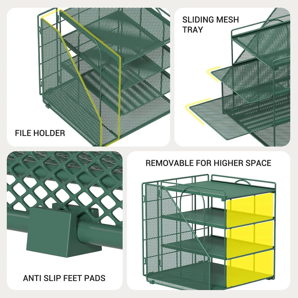 Desk File Organizer and Accessories, 4-Tier Paper Organizer with Vertical File Holder, Office Desk Accessories & Workspace Organizers and Storage for Office Supplies (Green)