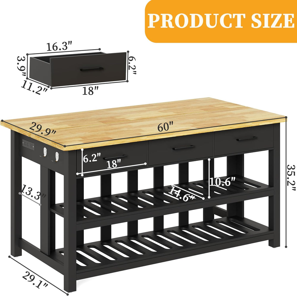 DynJest 60" Solid Rubberwood Kitchen Island with Power Outlets - Extra L...