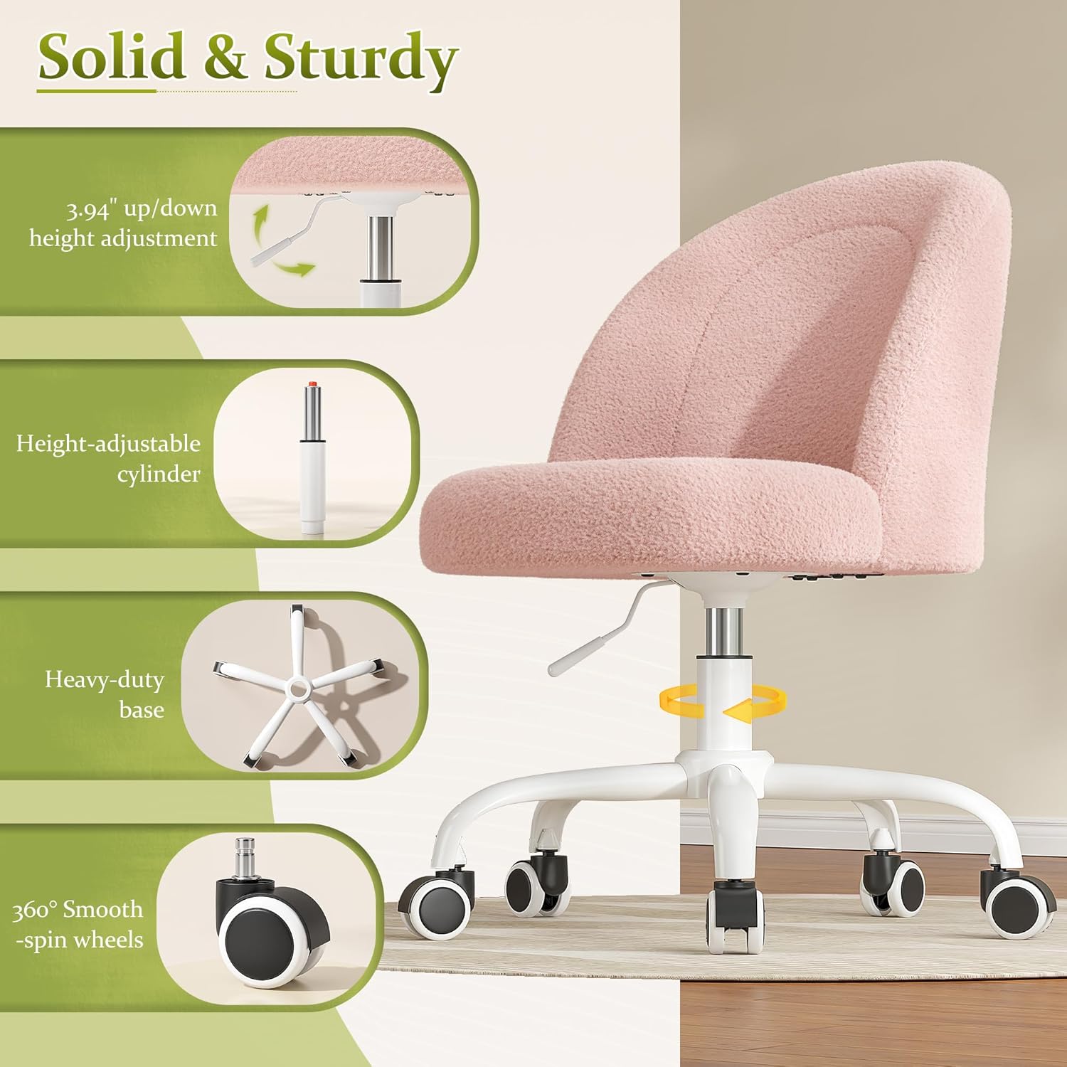 DurayLoly Vanity Chair with Wheels, Cute Desk Chair with Back, Armless Chair with Height Adjustable & 360° Swivel, Soft Lumbar Support for Small Space, Bedroom, Gentle Pink