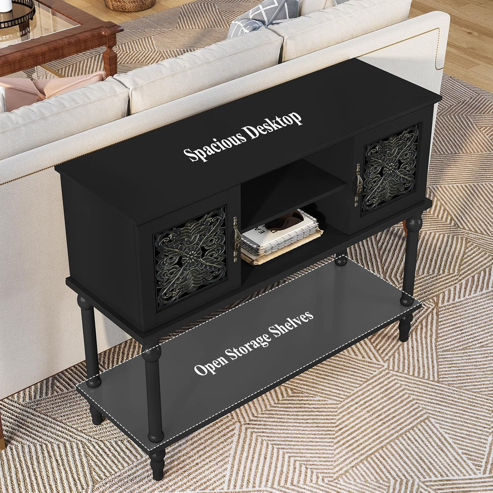 ARTPOWER 42" Vintage Console Table with Hand-Carved Doors for Hallway,Bl...