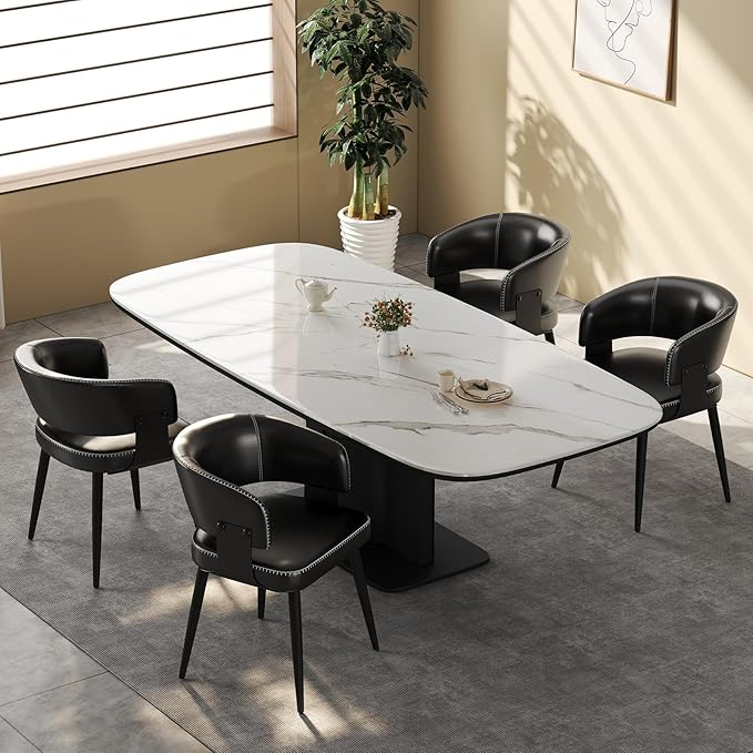 Modern Dining Chairs Set of 4, Upholstered Faux Leather Kitchen Side Chairs with Curved Open Back, Elegant Decorative Stitching, Easy Assembly for Dining Room, Restaurant, Cafe,Vintage Black