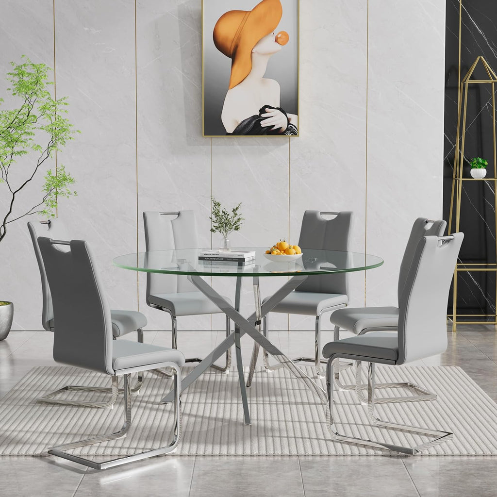 7 Piece Modern Dining Table Set of 6, 47" Tempered Glass Round Dining Tables and 6 Leather Gray Dining Chairs, 47 inch Kitchen Tables with Silver Chrome Metal Base, Small Dining Table Set