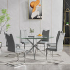 7 Piece Modern Dining Table Set of 6, 47" Tempered Glass Round Dining Tables and 6 Leather Gray Dining Chairs, 47 inch Kitchen Tables with Silver Chrome Metal Base, Small Dining Table Set