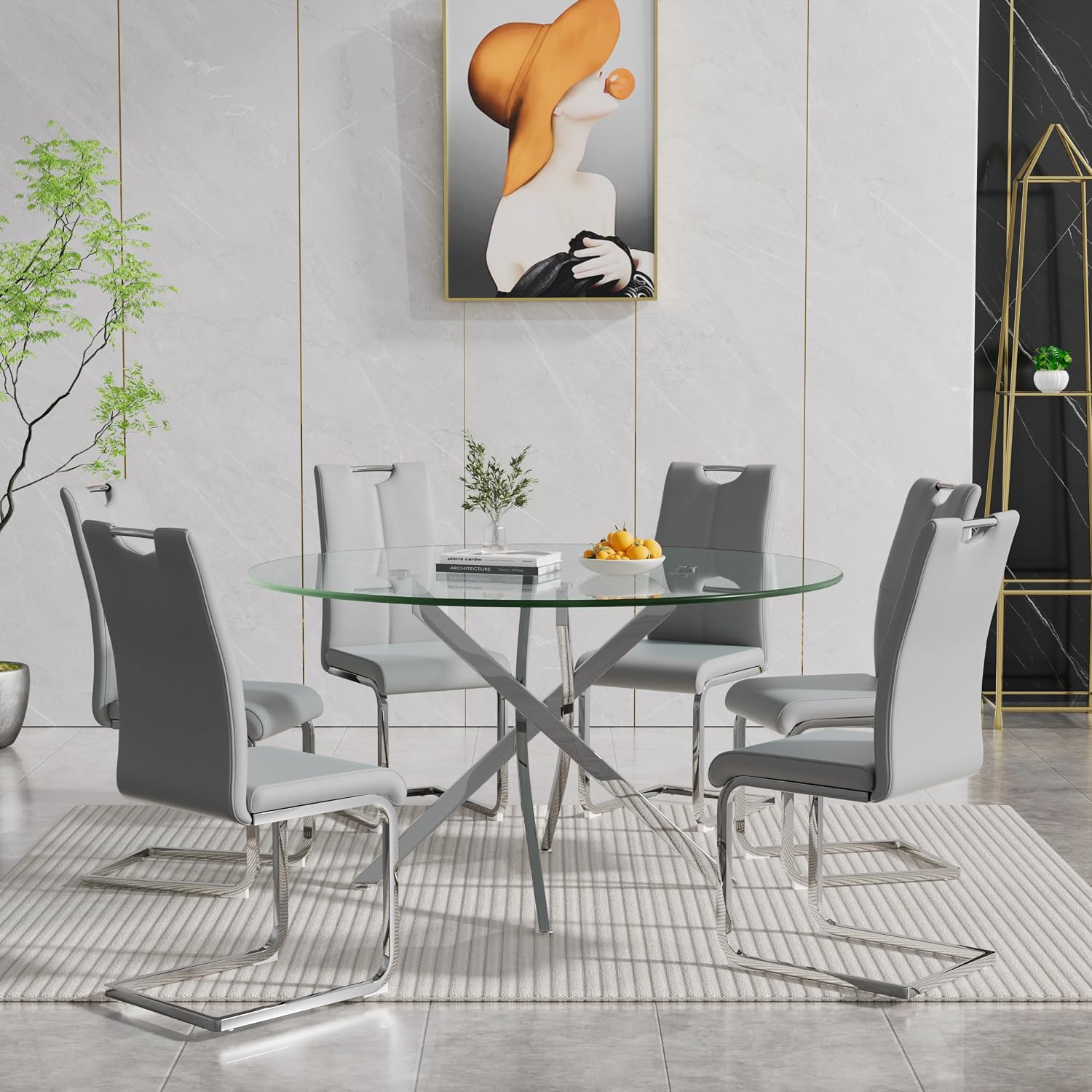 7 Piece Modern Dining Table Set of 6, 47" Tempered Glass Round Dining Tables and 6 Leather Gray Dining Chairs, 47 inch Kitchen Tables with Silver Chrome Metal Base, Small Dining Table Set