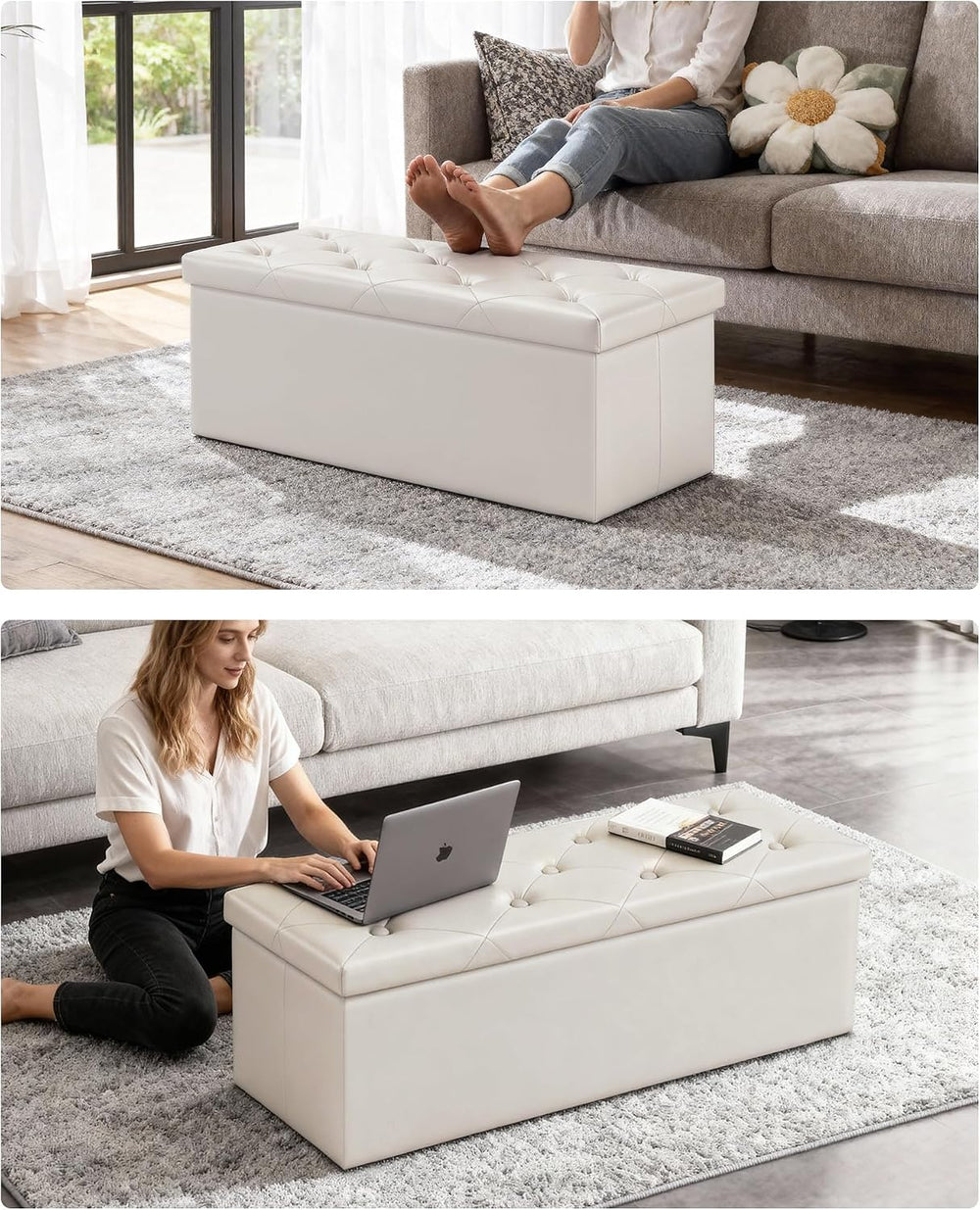GLAXYFUR 43 Inches Storage Ottoman Bench, Folding Ottoman with 2 Dividers | E...
