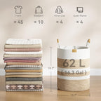 62L Striped Laundry Hamper with Leather Handles,Large Foldable Laundry Basket for Clothes,Cotton Rope Storage Bin for Blankets,Woven Clothes Basket for Bedroom, Beige Stripes