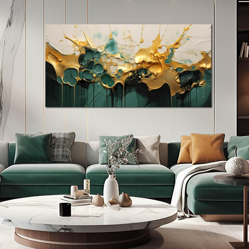SKYRISE Abstract Teal Gold Canvas Wall Art for Living Room, Dark Green Wall-D...