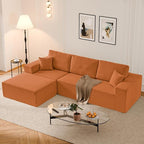 108" L-Shaped Boneless Couch, High Seat Modular Sectional Sofa with Moveable Ottoman, Corduroy Cloud Couches for Living Room, No Assembly, Ship in a Box, Orange | Modular Flexibility