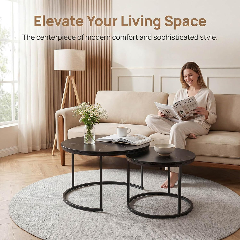 Nesting Coffee Table Set of 2, Round Nesting Tables with Marble-Look Top and ...