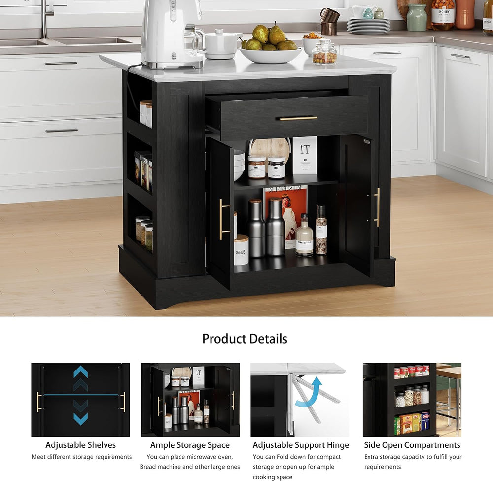 FUSUNBAO Large Kitchen Island with Storage, Drop Leaf & Outlet,Black | Po...