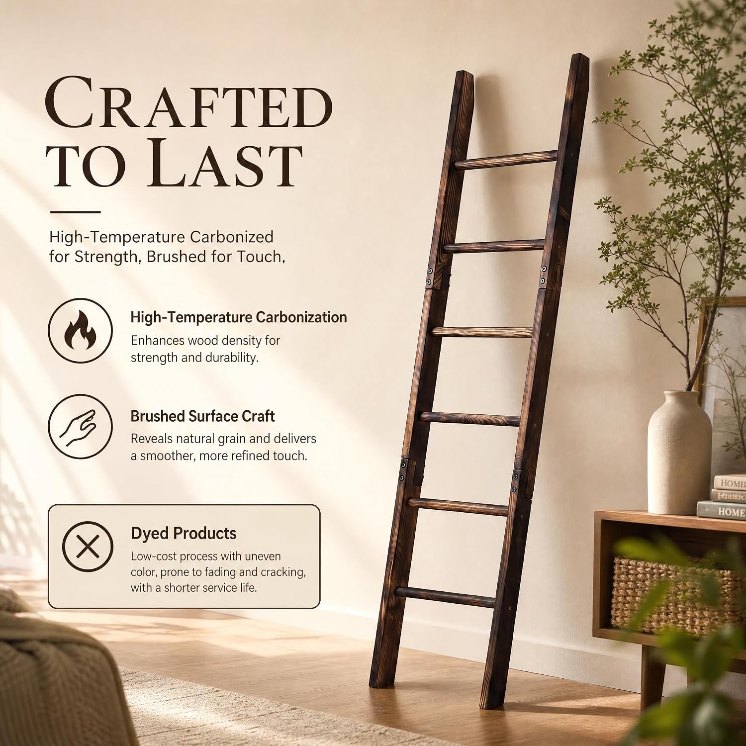 Carbonized Farmhouse Blanket Ladder, 6-Tier Rustic Wooden Rack | Reinforced Construction,3lbs Per Tier,Holds Clothes Scarves Belts,Christmas Decor Friendly,Fits All Home Styles,Easy to Clean