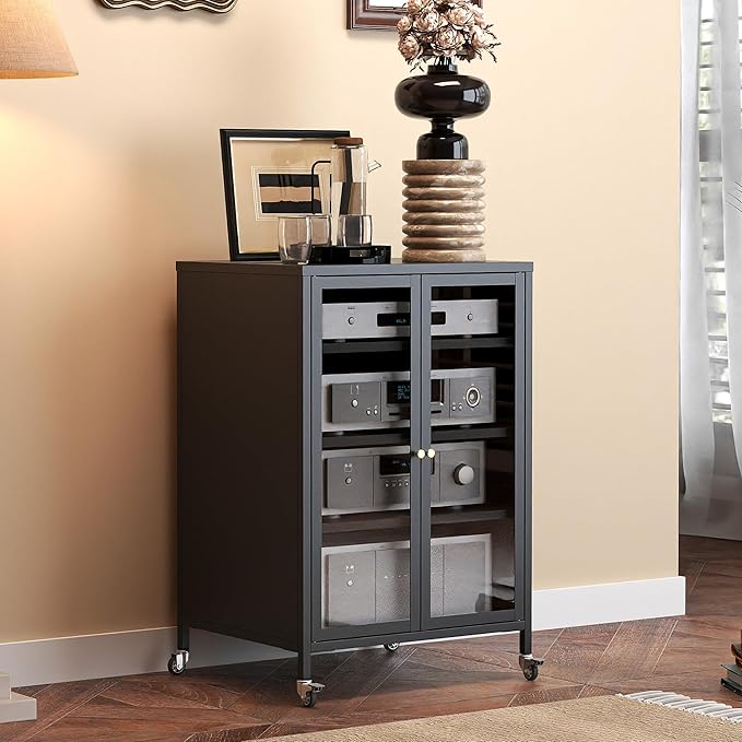Heavy Duty 4-Tier Media Cabinet, Audio-Video Media Stand with Tempered Glass Doors, Metal Stereo Cabinets with 3 Adjustable Shelves, Storage Cabinet for Entertainment Stereo Component