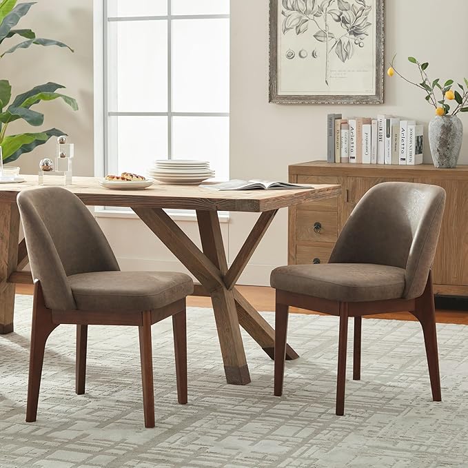 VKNOW Modern Dining Chairs Set of 2, Faux Leather Kitchen Chairs with Wood Legs, Upholstered Side Chair for Kitchen Dining Room, Dark Brown