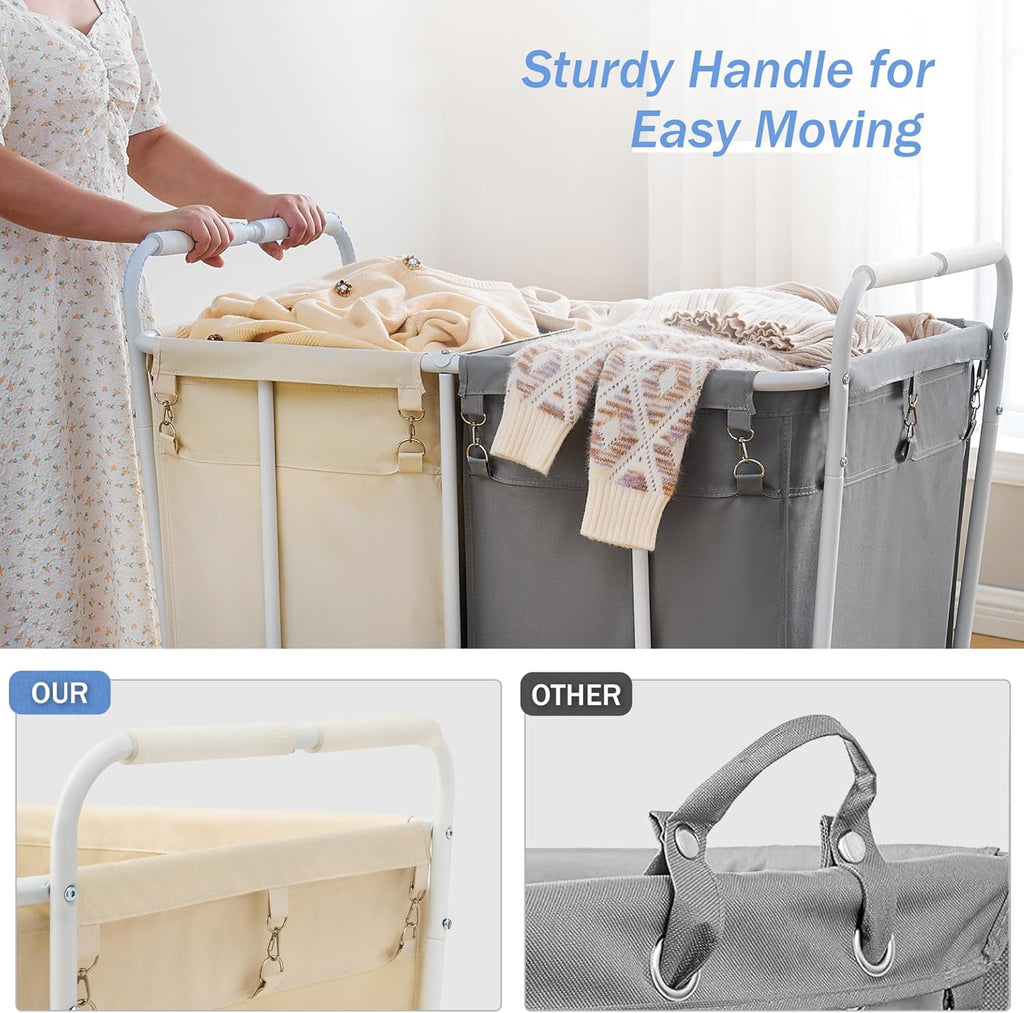 Hoctieon 2 Section Laundry Sorter Cart, 400L Rolling Hamper with Wheels, Industrial Laundry Basket Organizer, Extra Large Dirty Clothes Hamper for Home & Hotel, Heavy Duty, Gray+Beige