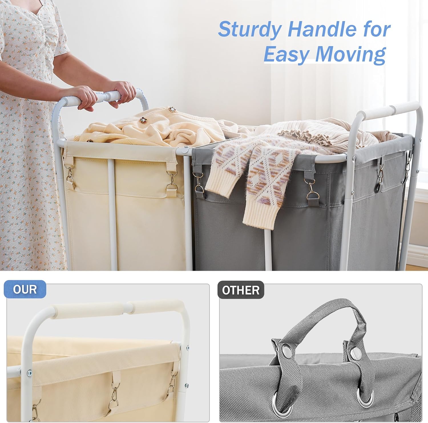 Hoctieon 2 Section Laundry Sorter Cart, 400L Rolling Hamper with Wheels, Industrial Laundry Basket Organizer, Extra Large Dirty Clothes Hamper for Home & Hotel, Heavy Duty, Gray+Beige