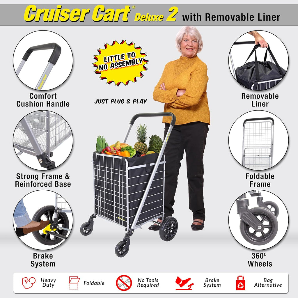 dbest Products Cruiser Cart Deluxe 2 with Liner Bag Bundle Shopping Grocery Rolling Folding Laundry Basket on Wheels Foldable Utility Trolley Compact Lightweight Collapsible