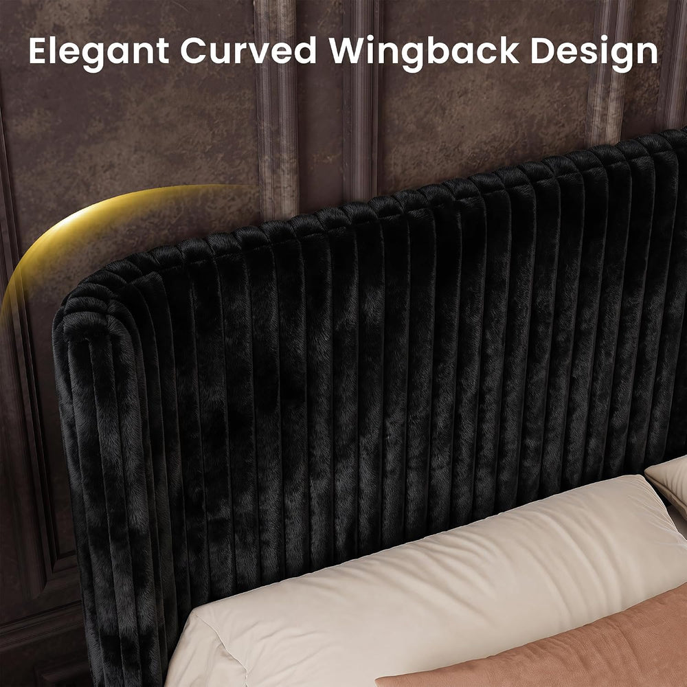 King Bed Frame with Faux Fur Upholstered Curved Wingback Headboard & Foot...