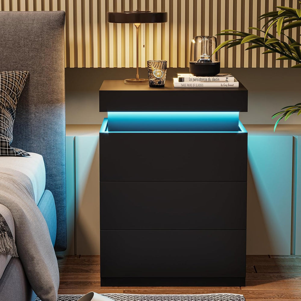 ADORNEVE Black Nightstand with Charging Station and LED Lights | Modern Night...