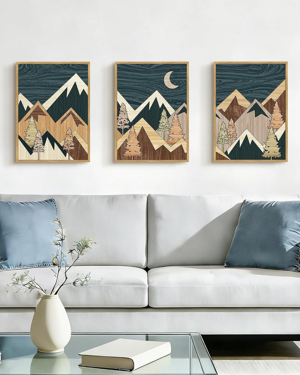 PHOPAGO Morden Mountains Framed Wall Art Boho Woodcut Pine Tree Forest Nature...