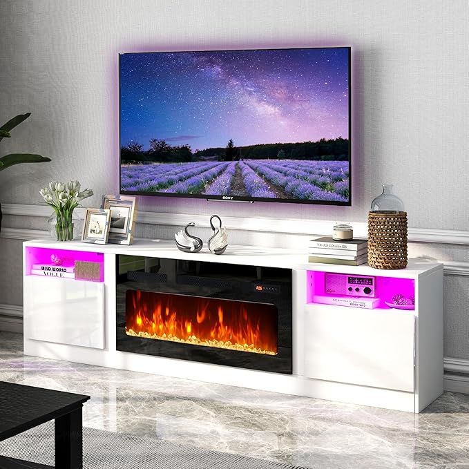 oneinmil 80” TV Stand with 36” Electric Fireplace, Large Modern Media Entertainment Center with Storage Cabinet and 12 Colors LED Lights for TVs Up to 90", White+Black