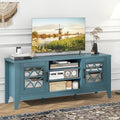 Giantex Farmhouse TV Stand for TVs up to 65", Entertainment Center with 4 Adjustable Storage Shelves & Tempered Glass Doors, Modern TV Console Table for Bedroom, Living Room (Teal Blue)