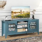 Giantex Farmhouse TV Stand for TVs up to 65", Entertainment Center with 4 Adjustable Storage Shelves & Tempered Glass Doors, Modern TV Console Table for Bedroom, Living Room (Teal Blue)