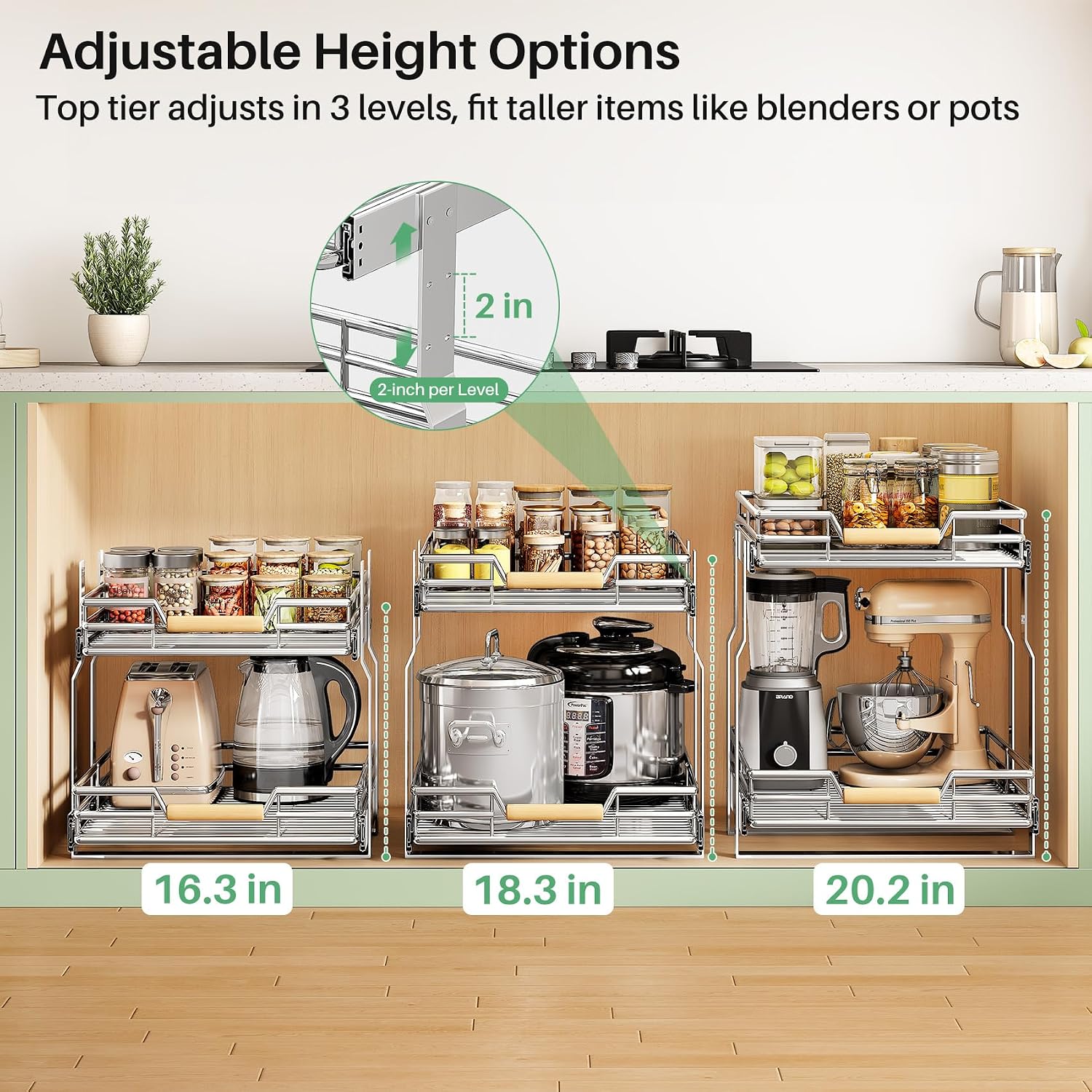 Pull out Cabinet Organizer, 2 Tiers 15"W X 21"D, Heavy Duty Smooth Sliding Under Cabinet Shelves for Pots and Pans, Full-Extension Roll out Drawers, Slide out Organization for Home Kitchen Pantry