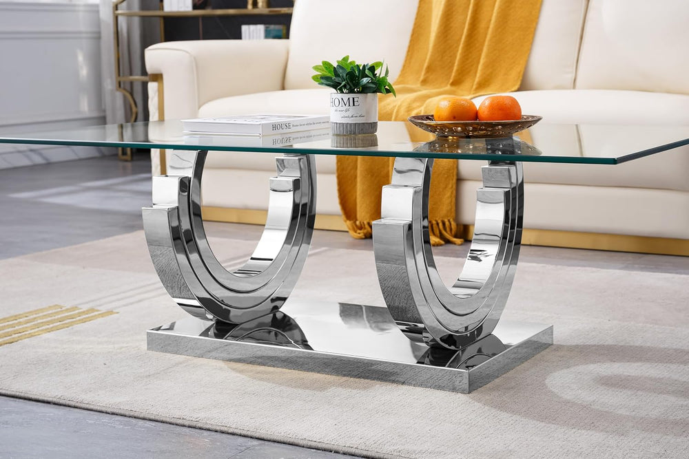 HomVent Glass Coffee Table with Silver Stainless Steel Base | 47"Rectang...