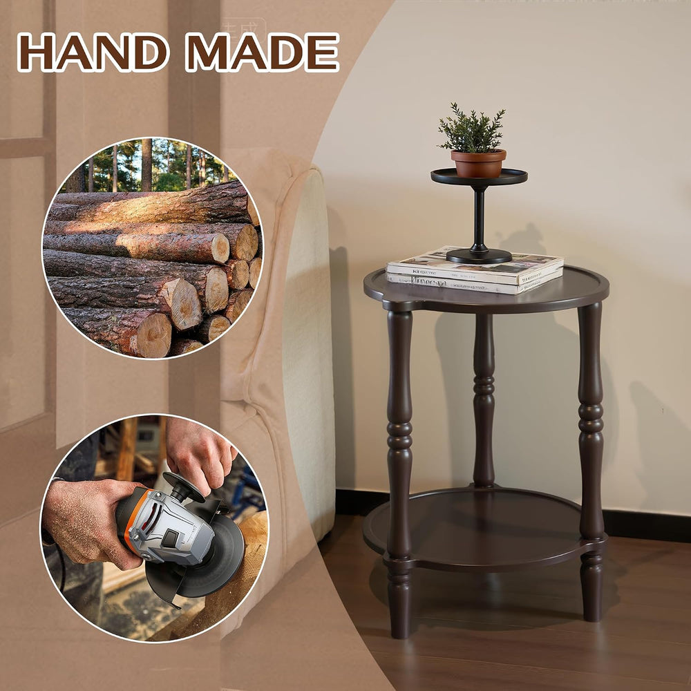 Accent Wood End Table, 2-Tier Round Bedside Table, Natural Side Table Nightst...