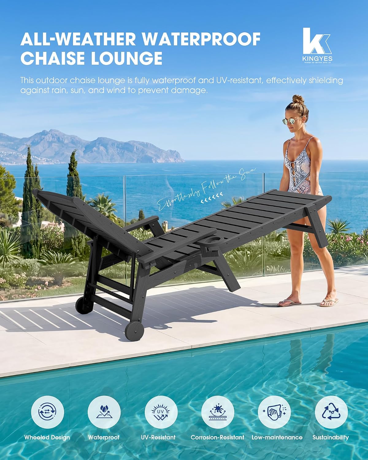 KINGYES HDPE Lounge Chair Outdoor Set of 2, All Weather Pool Lounger | 5 Position Adjustable Backrest Patio Chaise Lounge with Cup Holder for Outside, Gray