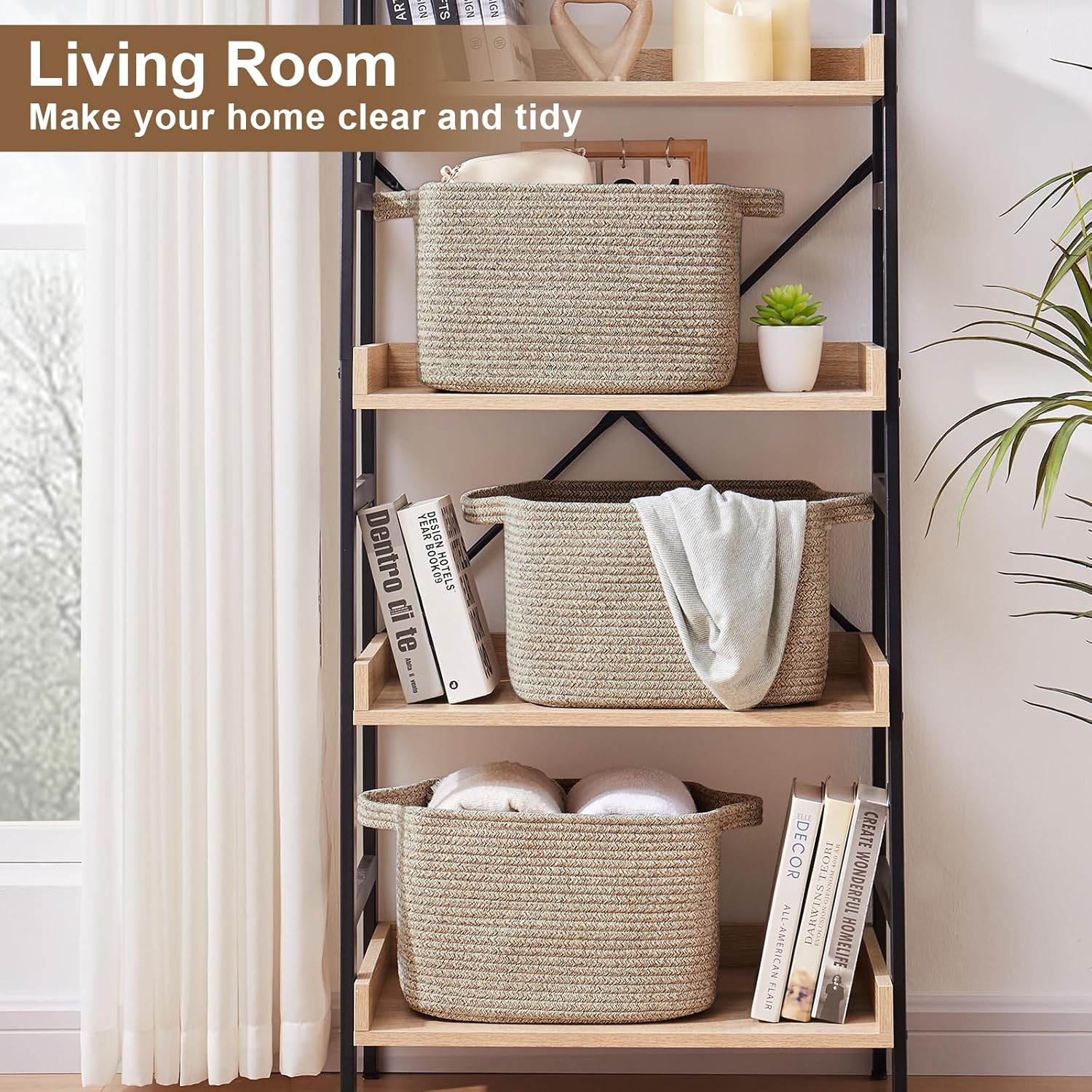 Storage Basket for Organizing, Woven Baskets for Storage, Rectangle Decorative Baskets for Shleves, Closet, Toys, Books, Nursery Organizer Bins - Pack of 3 (Brown, 13"x9.85"x8.7")