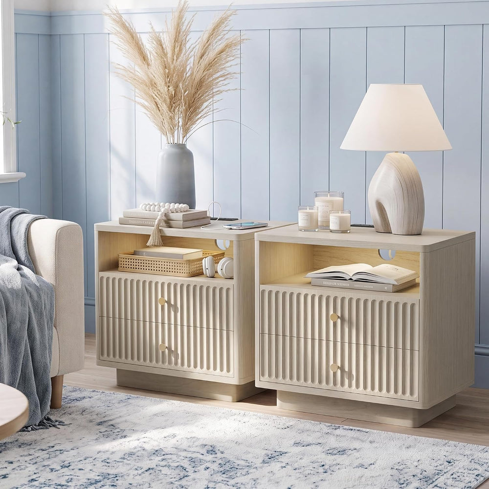 PAPROOS 23'' Fluted Nightstand Set of 2 with Charging Station, Modern...
