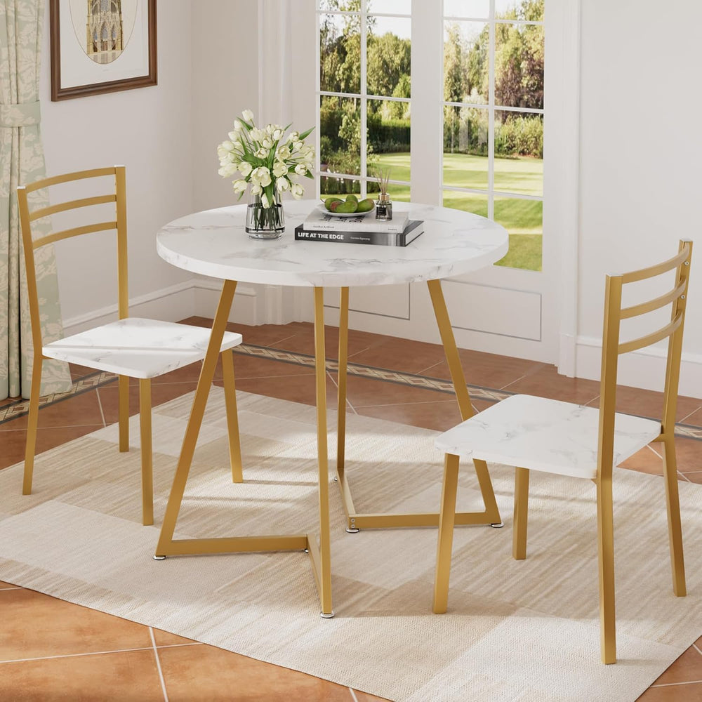 VECELO Small Round Dining Table Set for 2, Wood Tabletop with Strong Metal Fr...