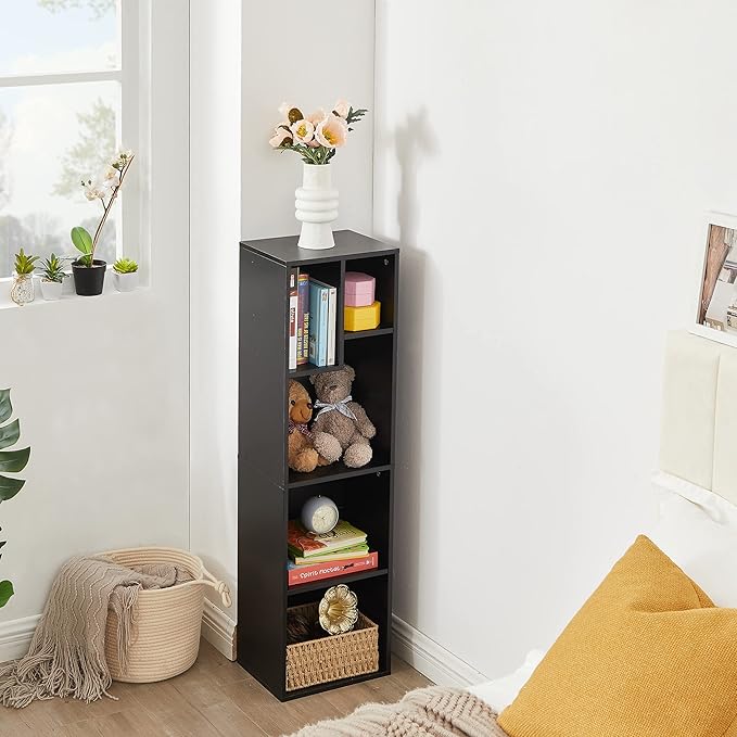 VECELO Small Bookshelf, 5 Cube Slim Bookcase, Fits Tallest Hardcovers, Horizontal Available, Modern Floor Standing Unit, Each Shelf Hold Up to 66 LBS, Matte Black