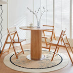 Round Wood Dining Table，Wooden Trestle Pedestal Base on Stainless Steel Plate，Small Space Kitchen Table，34.25" Modern Circular Tabletop for Kitchen, Dining Room, Restaurant，Cafe (Natural)