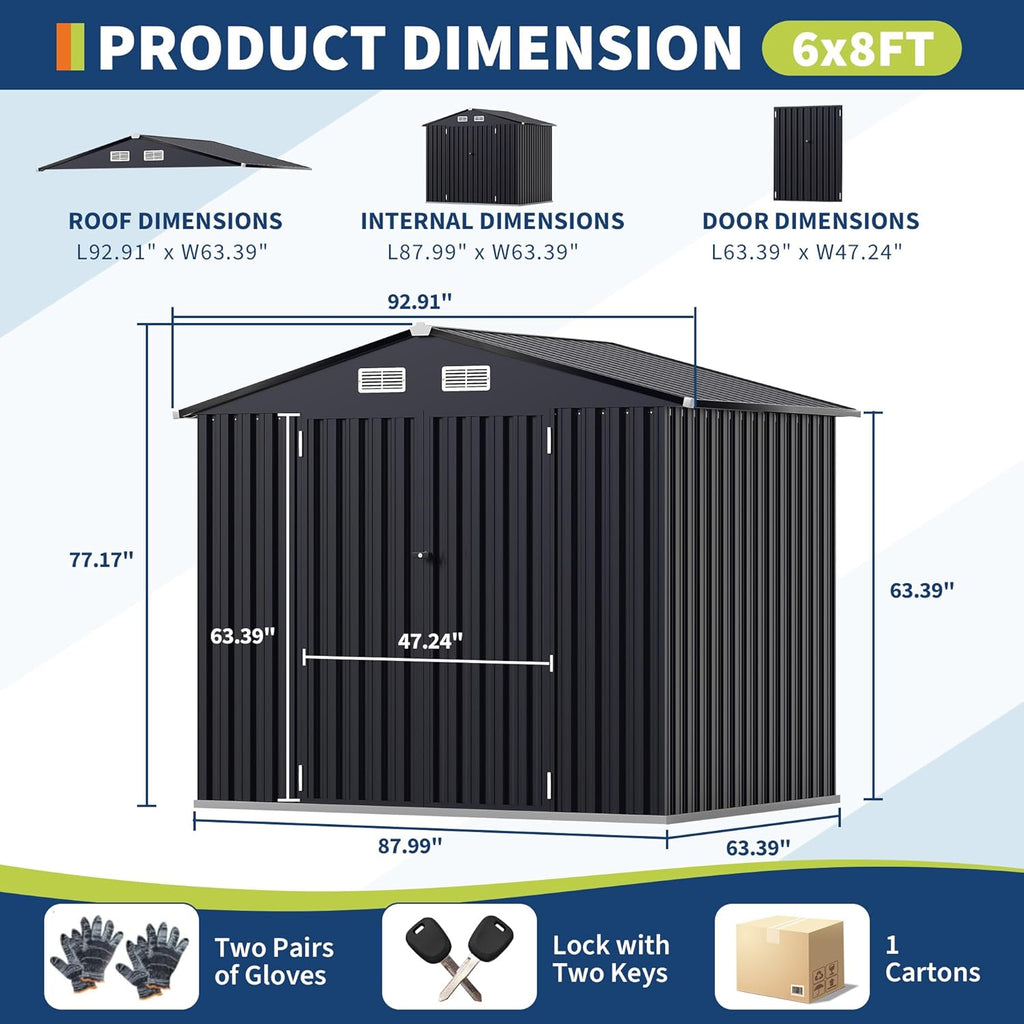 6x8 FT Metal Storage Sheds Outdoor, MetalTool Shed with Lockable Door, MetalYard Sheds Garden Shed Kit, Metal UtilitySheds Buildings with Air Vent for Backyard Garden Patio Lawn