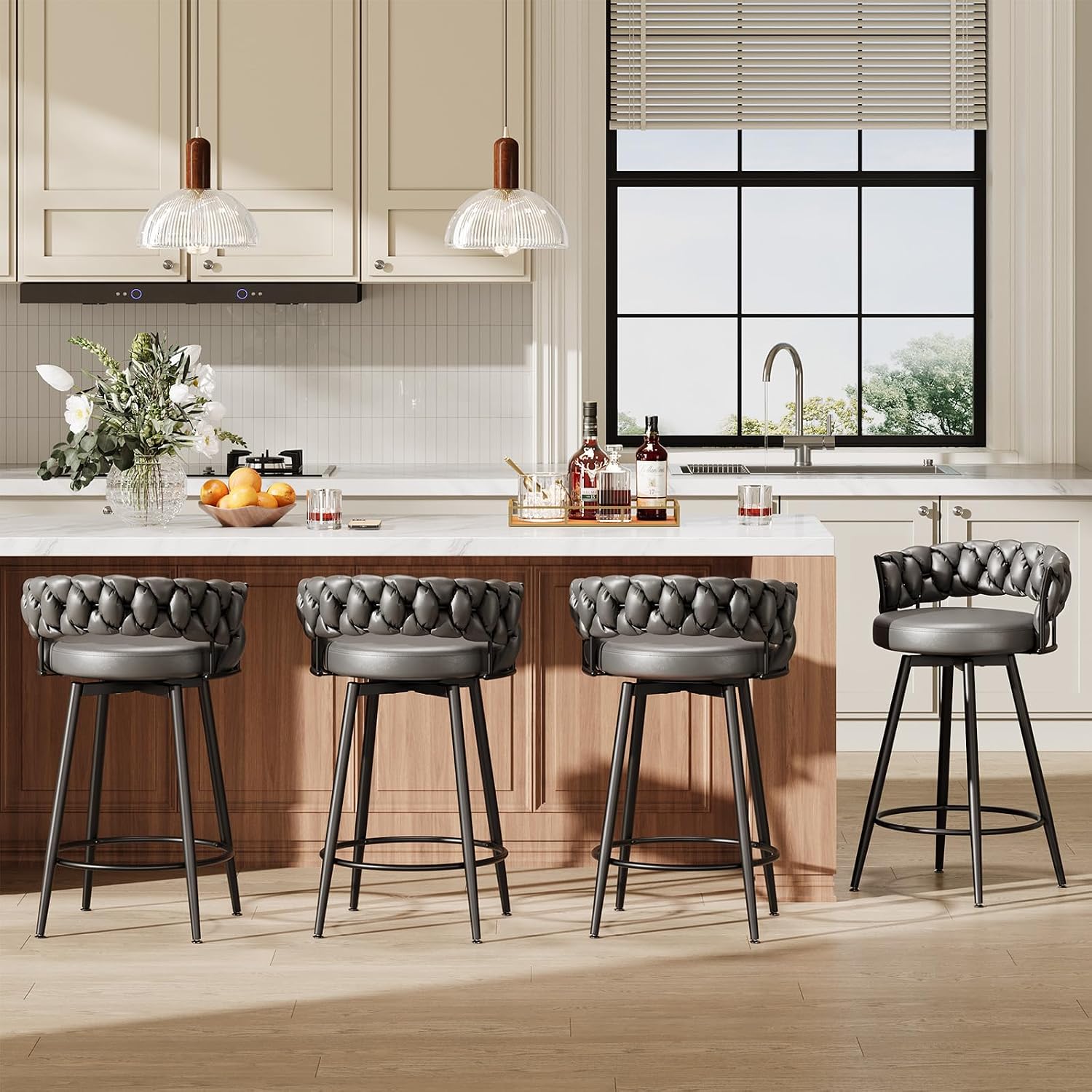 26" Counter Height Bar Stools Set of 2, Premium Faux Leather Barstools | Upholstered 360°Swivel Bar Chairs with Woven Backs Support & Heavy Duty Metal Legs for Kitchen Counter, Dark Grey