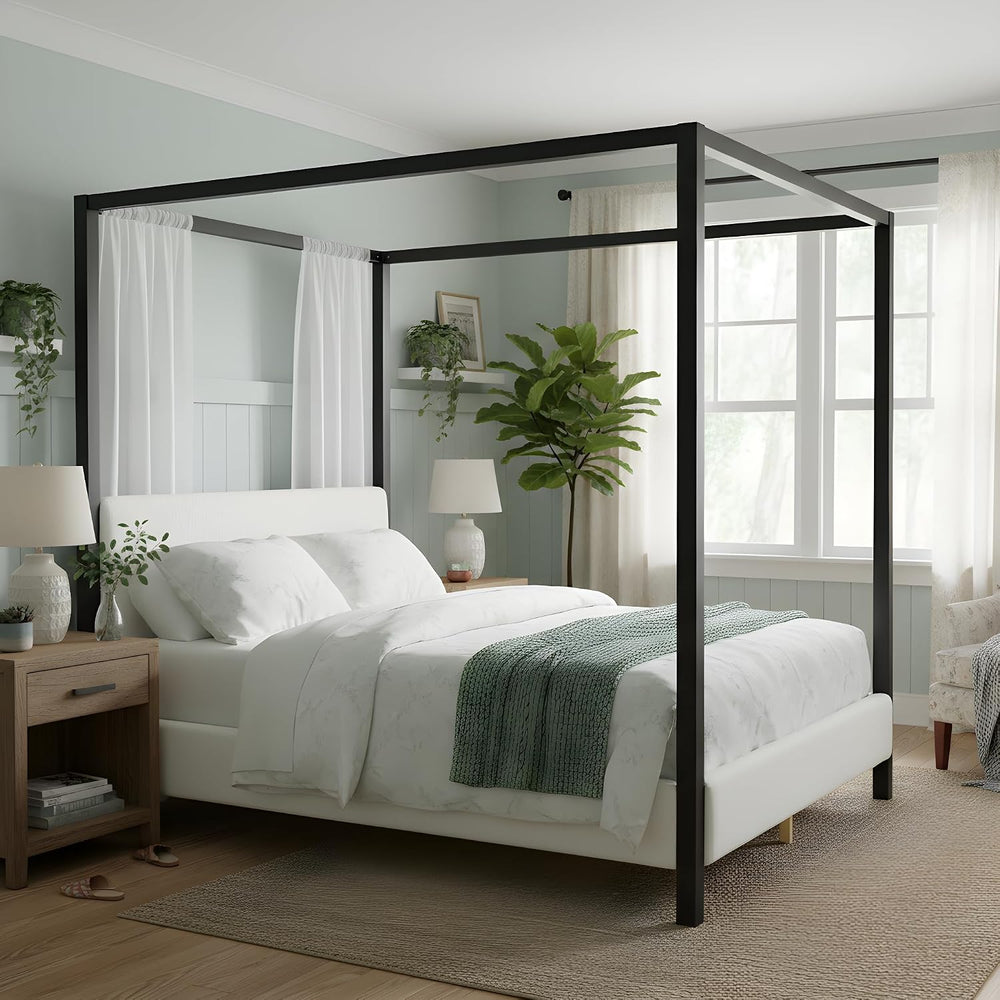 LUMISOL Queen Size Metal Canopy Bed with Upholstered Headboard, Modern Black ...