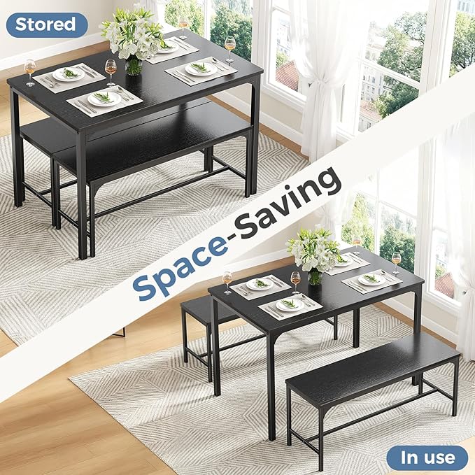 DUMOS Dining Table Set, Dining Table for 4 with Bench, Kitchen Table, Space-Saving Ideal 4-Person Set for Dining Room Kitchen Apartment Corner Black 3 Pack