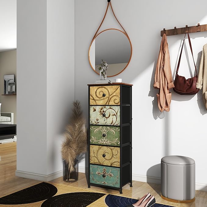 Tohomeor Small Dresser for Bedroom with Retro Flower Narrow Drawers Slim Ches...