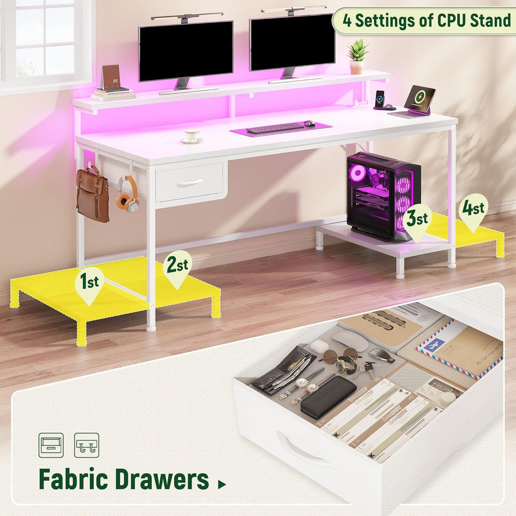 Computer Desk with Ergonomic Monitor Stand & CPU Stand,47.2" Gaming Desk with 1 Drawer & Power Outlet & LED Lights for Home Work, Bedroom Study and Gaming, Small Spaces,White