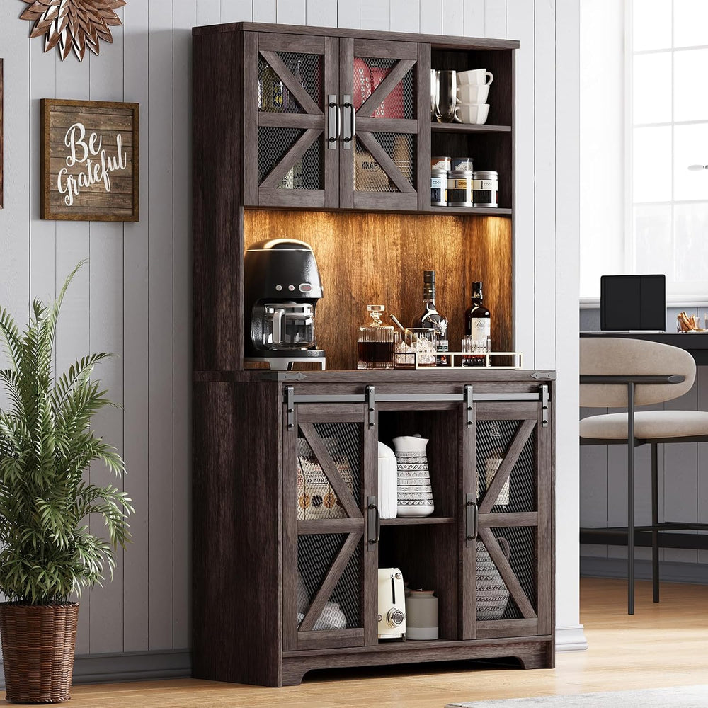 71" Farmhouse Pantry Storage Cabinet With LED Lights and Charging Statio...