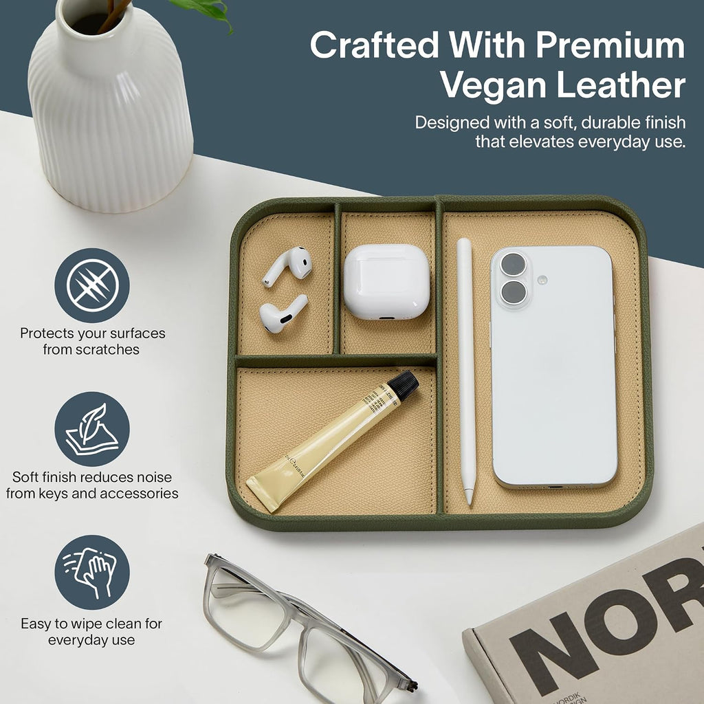 Nordik Leather Valet Tray - Medium EDC Tray - Moss Green (9.5 x 7.9 in) | Premium Vegan Leather with Two-Toned Design, Includes Four Compartments, Giftable, Catchall Tray for Keys Watch and Jewellery