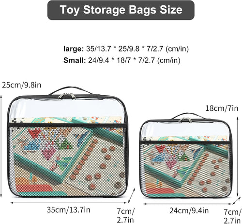 4 Pack Toy Storage Organizer Bags 13.7"L x 2.7"W x 9.7"H | Clear Waterproof Toy Organize for Building Blocks, Puzzles, Board Games | Travel-Friendly with Name Tag & Mesh Pocket (Large, Black)