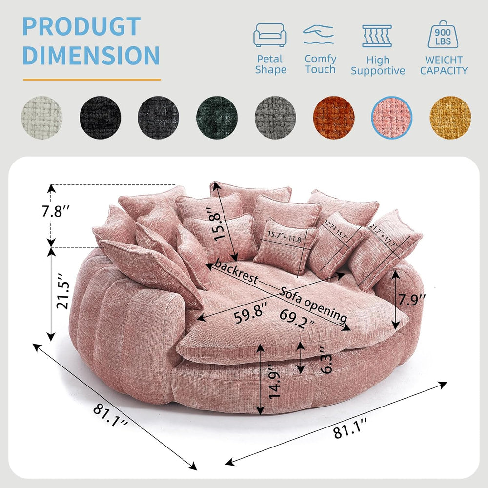81" Oversized Round Sofa Bed, Large Chenille Bean Bag Chair, No Assembly...