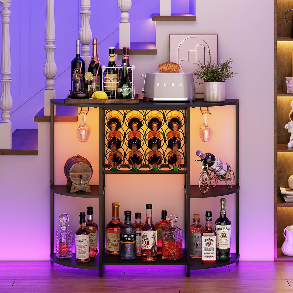 JKsmart Wine Bar Cabinet with LED Lights, Mini Wine Bar Cart with Storage and...