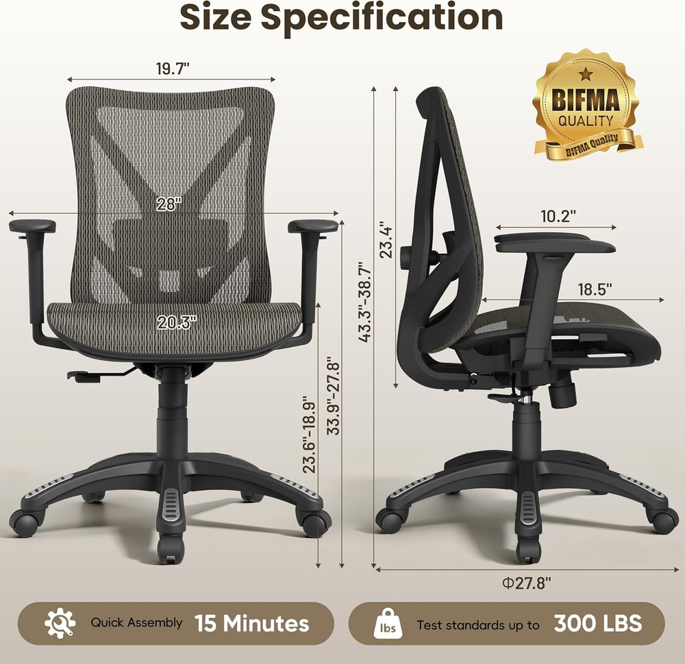 Ergonomic Office Chair, Mesh Computer Desk Chairs with Adjustable Lumbar Supp...