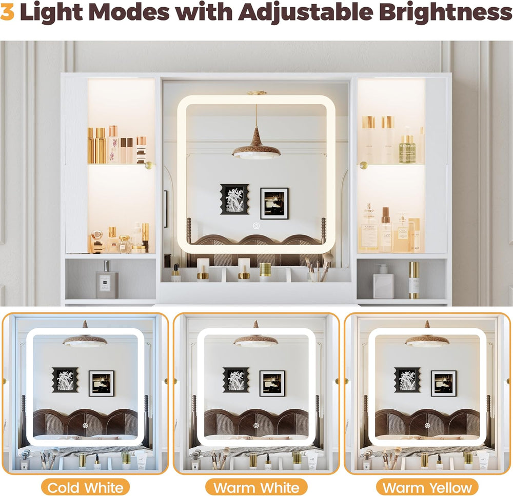 BORNOON Vanity Desk with Mirror and Lights, Makeup Vanity with 7 Drawers, 2 G...