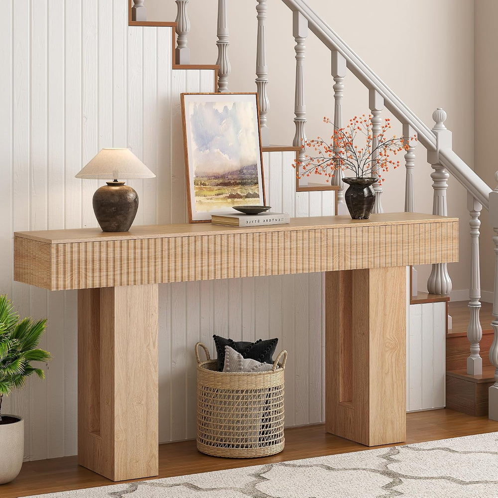63-Inch Long Entryway Console Table with a Fluted Design, Thick Wood Farmhous...